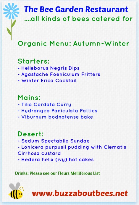 The Garden Restaurant Autumn - winter  menu for bees