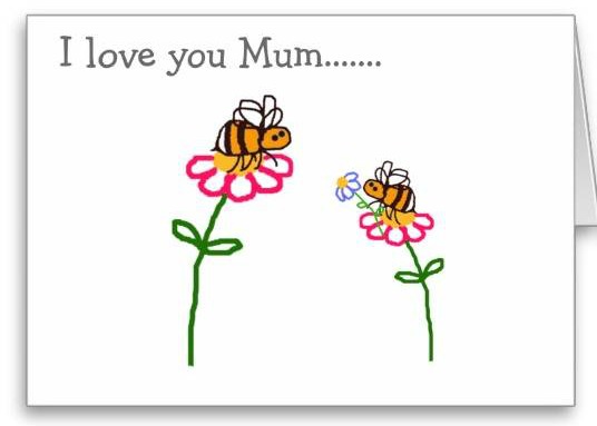 mothers day card with 2 bees sitting on flowers - a mummy be and a baby bee 'I love you mum' mothers day card with 2 bees sitting on flowers - a mummy be and a baby bee 'I love you mum'