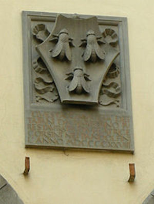The three bees of the Barberini coat of arms have been incorporated into architecture in Rome. Sculptured wall carving of the three bees of the Barberini coat of arms incorporated into architecture in Rome.