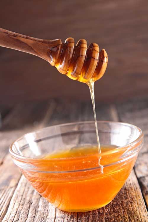 small bowl of honey and honey dipper