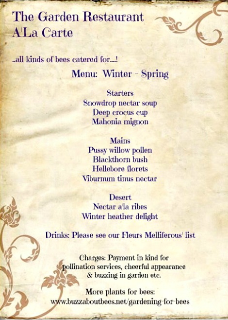 The Garden Restaurant A La Carte winter spring menu for bees