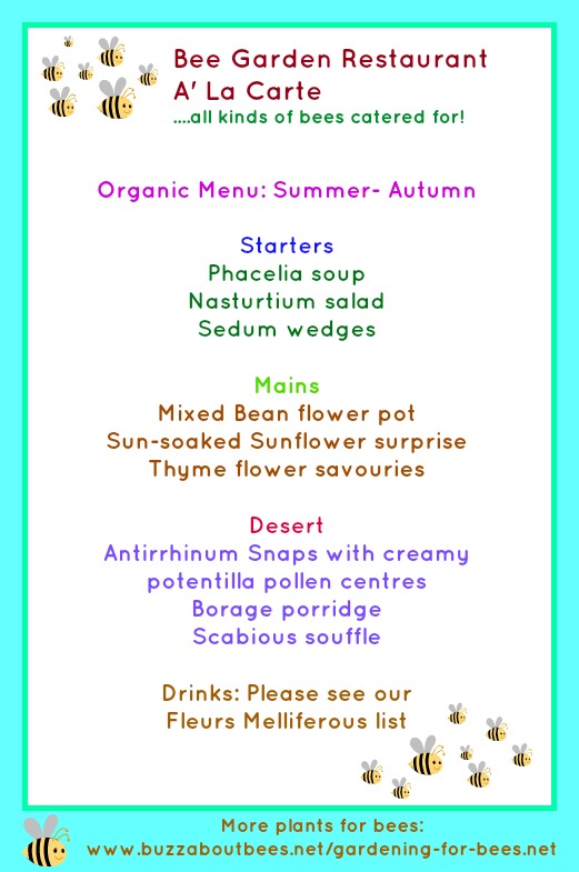 The Garden Restaurant A La Carte spring - summer to Autumn menu for bees